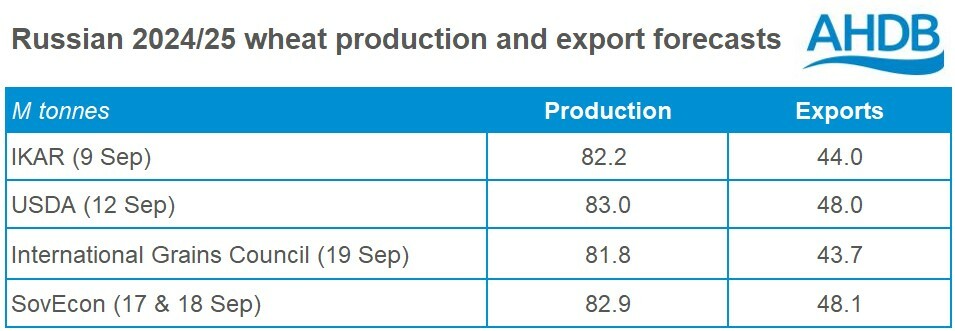 Table of recent forecasts of Russian wheat production and exports in 2024/25